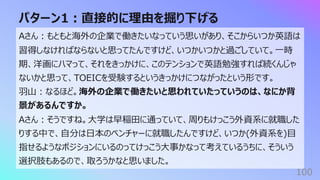 パターン1︓直接的に理由を掘り下げる
100
Aさん︓もともと海外の企業で働きたいなっていう思いがあり、そこからいつか英語は
習得しなければならないと思ってたんですけど、いつかいつかと過ごしていて。⼀時
期、洋画にハマって、それをきっかけに、このテンションで英語勉強すれば続くんじゃ
ないかと思って、TOEICを受験するというきっかけにつながったという形です。
⽻⼭︓なるほど。海外の企業で働きたいと思われていたっていうのは、なにか背
景があるんですか。
Aさん︓そうですね。⼤学は早稲⽥に通っていて、周りもけっこう外資系に就職した
りする中で、⾃分は⽇本のベンチャーに就職したんですけど、いつか(外資系を)⽬
指せるようなポジションにいるのってけっこう⼤事かなって考えているうちに、そういう
選択肢もあるので、取ろうかなと思いました。
 