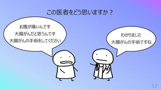 12
お腹が痛いんです
⼤腸がんだと思うんです
⼤腸がんの⼿術をしてください
わかりました
⼤腸がんの⼿術ですね
この医者をどう思いますか︖
 