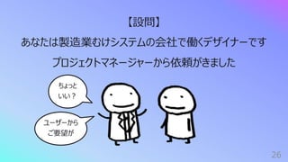26
【設問】
あなたは製造業むけシステムの会社で働くデザイナーです
プロジェクトマネージャーから依頼がきました
ちょっと
いい︖
ユーザーから
ご要望が
 