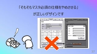 部品表
検査装置本体
製品名
1
数
部品追加
マスタ 部品表 ⼯程表
受注 実績
部品マスタ登録
123-1
製番
部品表
検査装置本体
製品名
1
数
部品追加
マスタ 部品表 ⼯程表
受注 実績
部品マスタ登録
123-
1
製番
部品マスタ登録
品番
図番
品名
購⼊品
購⼊区分
登録
37
「そもそもマスタ必須の仕様をやめさせる」
が正しいデザインです
品番 図番 品名 数 形式⼨法
1 HO-25 M2056 フレーム 1 SU-1 40
2 AL-26 M2038 端⼦ボックス 1 120x15
3 C-556 A076 底板 1
 