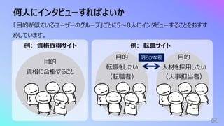 何⼈にインタビューすればよいか
66
「⽬的が似ているユーザーのグループ」ごとに5〜8⼈にインタビューすることをおすす
めしています。
例: 資格取得サイト
⽬的
資格に合格すること
例: 転職サイト
⽬的
転職をしたい
（転職者）
⽬的
⼈材を採⽤したい
（⼈事担当者）
明らかな差
 