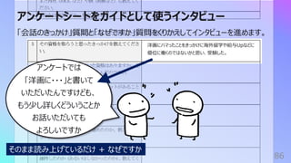 アンケートシートをガイドとして使うインタビュー
86
「会話のきっかけ」質問と「なぜですか」質問をくりかえしてインタビューを進めます。
洋画にハマったことをきっかけに海外留学や給与Upなどに
優位に働くのではないかと思い、受験した。
アンケートでは
「洋画に・・・」と書いて
いただいたんですけども、
もう少し詳しくどういうことか
お話いただいても
よろしいですか
そのまま読み上げているだけ + なぜですか
 