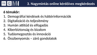 6 témakör:
1. Demográfiai kérdések és háttérinformációk
2. Digitalizáció és teljesítmény
3. Humán attitűd és elfogadás
4. Kiberbiztonság és bizalom
5. Tudásmegosztás és innováció
6. Összbenyomás – záró gondolatok
3. Nagymintás online kérdőíves megkérdezés
 
