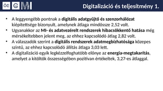 Digitalizáció és teljesítmény 1.
• A leggyengébb pontnak a digitális adatgyűjtő és szenzorhálózat
kiépítettsége bizonyult, amelynek átlaga mindössze 2,52 volt.
• Ugyanakkor az MI- és adatvezérelt rendszerek hibacsökkentő hatása még
mérsékeltebben jelent meg, az ehhez kapcsolódó átlag 2,82 volt.
• A válaszadók szerint a digitális rendszerek adatmegbízhatósága közepes
szintű, az ehhez kapcsolódó állítás átlaga 3,03 lett.
• A digitalizáció egyik legkézzelfoghatóbb előnye az energia-megtakarítás,
amelyet a kitöltők összességében pozitívan értékeltek, 3,27-es átlaggal.
 