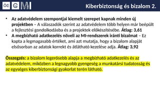 Kiberbiztonság és bizalom 2.
• Az adatvédelem szempontjai kiemelt szerepet kapnak minden új
projektben – A válaszadók szerint az adatvédelem több helyen már beépült
a fejlesztési gondolkodásba és a projektek előkészítésébe. Átlag: 3,61
• A megbízható adatkezelés növeli az MI-rendszerek iránti bizalmat – Ez
kapta a legmagasabb értéket, ami azt mutatja, hogy a bizalom alapját
elsősorban az adatok korrekt és átlátható kezelése adja. Átlag: 3,92
Összegzés: a bizalom legerősebb alapja a megbízható adatkezelés és az
adatvédelem, miközben a legnagyobb gyengeség a munkatársi tudatosság és
az egységes kiberbiztonsági gyakorlat terén látható.
 