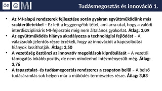 Tudásmegosztás és innováció 1.
• Az MI-alapú rendszerek fejlesztése során gyakran együttműködünk más
szakterületekkel – Ez lett a leggyengébb tétel, ami arra utal, hogy a valódi
interdiszciplináris MI-fejlesztés még nem általános gyakorlat. Átlag: 3,09
• Az együttműködés hiánya akadályozza a technológiai fejlődést – A
válaszadók jelentős része érzékeli, hogy az innovációt a kapcsolódási
hiányok lassíthatják. Átlag: 3,50
• A vezetőség ösztönzi az innovatív megoldások kipróbálását – A vezetői
támogatás inkább pozitív, de nem mindenhol intézményesült még. Átlag:
3,76
• A tapasztalat- és tudásmegosztás rendszeres a csapaton belül – A belső
tudásáramlás sok helyen már a működés természetes része. Átlag: 3,83
 