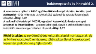Tudásmegosztás és innováció 2.
A szervezetem nyitott a külső együttműködésekre (pl. oktatás, kutatás, ipari
partnerek) – Erős nyitottság látható a külső szakmai és kutatási kapcsolatok
irányába. Átlag: 3,92
A szakmai hálózatok (pl. MÉGSZ, egyetemi kapcsolatok) fontos szerepet
játszanak az innovációban – A legerősebb tétel, vagyis a szakmai közösségek
innovációs szerepe egyértelműen elismert. Átlag: 4,09
Rövid összkép: az együttműködés kulturális alapjai már látszanak, de
az MI-hez kapcsolódó rendszeres, több szakterületet összekapcsoló
fejlesztési gyakorlat még fejlesztendő.
 