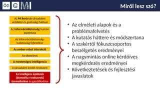Miről lesz szó?
Az MI korának társadalmi
vetületei és gazdasági hatásai
Az információbiztonság humán
aspektusa
Az információbiztonság-
tudatosság fejlesztése
Az ember-robot interakció
Az okosváros
A mesterséges intelligencia
A társadalmi kredit rendszere
Az intelligens épületek
(domotika rendszerek)
üzemeltetése és gazdálkodása
• Az elméleti alapok és a
problémafelvetés
• A kutatás háttere és módszertana
• A szakértői fókuszcsoportos
beszélgetés eredményei
• A nagymintás online kérdőíves
megkérdezés eredményei
• Következtetések és fejlesztési
javaslatok
 