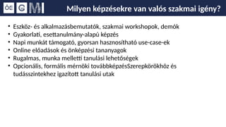 Milyen képzésekre van valós szakmai igény?
• Eszköz- és alkalmazásbemutatók, szakmai workshopok, demók
• Gyakorlati, esettanulmány-alapú képzés
• Napi munkát támogató, gyorsan hasznosítható use-case-ek
• Online előadások és önképzési tananyagok
• Rugalmas, munka melletti tanulási lehetőségek
• Opcionális, formális mérnöki továbbképzésSzerepkörökhöz és
tudásszintekhez igazított tanulási utak
 