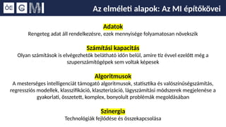 Az elméleti alapok: Az MI építőkövei
Adatok
Rengeteg adat áll rendelkezésre, ezek mennyisége folyamatosan növekszik
Számítási kapacitás
Olyan számítások is elvégezhetők belátható időn belül, amire tíz évvel ezelőtt még a
szuperszámítógépek sem voltak képesek
Algoritmusok
A mesterséges intelligenciát támogató algoritmusok, statisztika és valószínűségszámítás,
regressziós modellek, klasszifikáció, klaszterizáció, lágyszámítási módszerek megjelenése a
gyakorlati, összetett, komplex, bonyolult problémák megoldásában
Szinergia
Technológiák fejlődése és összekapcsolása
 