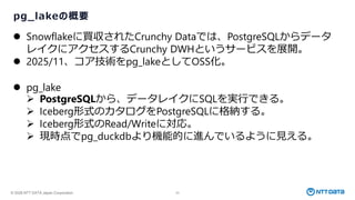 © 2026 NTT DATA Japan Corporation 23
pg_lakeの概要
⚫ Snowflakeに買収されたCrunchy Dataでは、PostgreSQLからデータ
レイクにアクセスするCrunchy DWHというサービスを展開。
⚫ 2025/11、コア技術をpg_lakeとしてOSS化。
⚫ pg_lake
➢ PostgreSQLから、データレイクにSQLを実行できる。
➢ Iceberg形式のカタログをPostgreSQLに格納する。
➢ Iceberg形式のRead/Writeに対応。
➢ 現時点でpg_duckdbより機能的に進んでいるように見える。
 