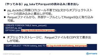 © 2026 NTT DATA Japan Corporation 27
（やってみる）pg_lakeでParquetの読み込み/書き出し
⚫ pg_duckdbと同様にETLツール不要でSQL文からオブジェクトスト
レージの読み込みと書出しが可能。
⚫ Parquetファイルから、外部テーブルとしてPostgreSQLに取り込み
可能。
# CREATE FOREIGN TABLE items_parquet()
SERVER pg_lake
OPTIONS (path 'gs://pg-duckdb-test/items.parquet’);
⚫ オブジェクトストレージに、ParquetファイルをCOPY文で書き出
しが可能。
# COPY (SELECT * FROM iceberg_test) TO 'gs://pg-duckdb-test/iceberg_test.parquet';
 