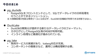 © 2026 NTT DATA Japan Corporation 29
今日のまとめ
⚫ pg_duckdb
• PostgreSQLをフロントエンドとして、SQLでデータレイクの分析処理を
行うことができるソリューション。
※ 大規模処理の性能は専用ツールには及ばず、DuckDBの全機能が利用できる状態ではない。
⚫ DuckLake
• DuckDBの開発元が提供する新たなデータレイクのフォーマット。
• カタログとしてPostgreSQL等のRDBが利用可能。
• インライン処理など最適化が進められている。
⚫ pg_lake
• 商用サービスの実績があり、Iceberg対応が充実。
• コンポーネントの複雑さなど、運用には構成理解が必要。
 