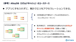 © 2026 NTT DATA Japan Corporation 8
（参考）AlloyDB（カラムナキャッシュ）のユースケース
⚫ アプリに手を入れずに、集計クエリをアクセラレーションできる。
OLTP向けテーブル
OLTP/OLAP兼用テーブル
⚫ 分析高速化が不要なテーブルは行形式のみで。
（シングルフォーマット）
⚫ 表/列単位で、分析高速化が必要なものはカラムナ
キャッシュを追加できる（自動 or 手動）。
⚫ 行/列への読取はオプティマイザが判断して振分、
カラムナキャッシュも都度更新される。
⚫ キャッシュから溢れても高速SSD等に展開可能。
 