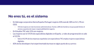 No eres tú, es el sistema
- En liderazgo corporativo Iberia/España-Portugal: mujeres 43% overall, 30% en N-1, 9% en
CEO.
- 41% de mujeres en más funciones administrativas frente a 28% de hombres, lo que puede limitar el
acceso a puestos de mayor responsabilidad de negocio.
- En Estudios TIC solo 15% son mujeres
- Las mujeres son el 19,5% de especialistas digitales en España, y roles de programación es solo
el 12.5%.
- Solo el 41,9% de las empresas españolas con especialistas TIC emplea mujeres especialistas
digitales.
- 83% de los developers han experimentado burnout en algún punto de su carrera
 