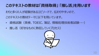 このテキストの教材は「資格取得」 「推し活」を⽤います
10
わりと多くの⼈が経験があるエピソードで、伝わりやすいので、
このテキストの教材テーマに以下を⽤いています。
• 資格試験（英検、TOEIC、簿記、情報処理技術者試験・・・）
• 推し活（好きなものに熱狂していくプロセス）
 
