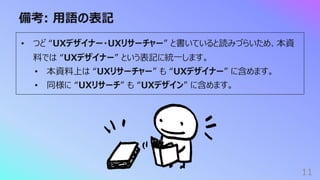 備考: ⽤語の表記
11
• つど “UXデザイナー・UXリサーチャー” と書いていると読みづらいため、本資
料では “UXデザイナー” という表記に統⼀します。
• 本資料上は “UXリサーチャー” も “UXデザイナー” に含めます。
• 同様に “UXリサーチ” も “UXデザイン” に含めます。
 