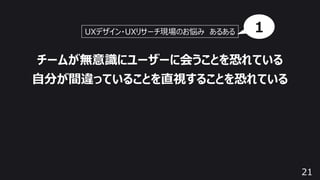 21
チームが無意識にユーザーに会うことを恐れている
⾃分が間違っていることを直視することを恐れている
UXデザイン・UXリサーチ現場のお悩み あるある 1
 