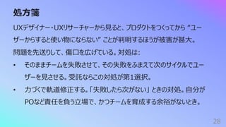 処⽅箋
28
UXデザイナー・UXリサーチャーから⾒ると、プロダクトをつくってから “ユー
ザーからすると使い物にならない” ことが判明するほうが被害が甚⼤。
問題を先送りして、傷⼝を広げている。対処は:
• そのままチームを失敗させて、その失敗をふまえて次のサイクルでユー
ザーを⾒させる。受託ならこの対処が第1選択。
• ⼒づくで軌道修正する。「失敗したら次がない」 ときの対処。⾃分が
POなど責任を負う⽴場で、かつチームを育成する余裕がないとき。
 