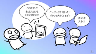 31
このボタンが
もっと⼤きいと
いいと思います
ボタンを
⼤きく︕
ユーザーがそう⾔った︕
ボタンを⼤きくするぞ︕
 