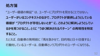 処⽅箋
52
“ユーザー価値の検証” は、ユーザーにプロダクトを⾒せることではない。
ユーザーがいるコンテキストのなかで、プロダクトが提供しようとしている
価値が “プロダクトが存在しないとき” に、どのように解決しようとしてい
るかを⾒つけること。とくに “うまく解決されるパターン” の再現性を特定
すること。
たとえば、⾃動⾞の発明前に 「⾺を急かせて、⽬的地と⽇々往復する」
⾏動をしているユーザーは、⾃動⾞というプロダクトのユーザーになりうる。
 