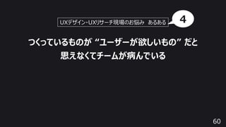60
つくっているものが “ユーザーが欲しいもの” だと
思えなくてチームが病んでいる
UXデザイン・UXリサーチ現場のお悩み あるある 4
 