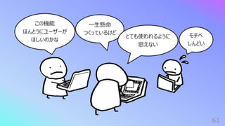 61
この機能
ほんとうにユーザーが
ほしいのかな
⼀⽣懸命
つくっているけど
とても使われるように
思えない
モチベ
しんどい
 