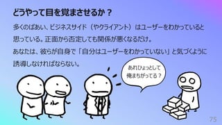どうやって⽬を覚まさせるか︖
75
多くのばあい、ビジネスサイド（やクライアント）はユーザーをわかっていると
思っている。正⾯から否定しても関係が悪くなるだけ。
あなたは、彼らが⾃⾝で 「⾃分はユーザーをわかっていない」 と気づくように
誘導しなければならない。
あれひょっとして
俺まちがってる︖
 