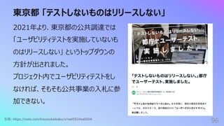 東京都 「テストしないものはリリースしない」
96
2021年より、東京都の公共調達では
「ユーザビリティテストを実施していないも
のはリリースしない」 というトップダウンの
⽅針が出されました。
プロジェクト内でユーザビリティテストをし
なければ、そもそも公共事業の⼊札に参
加できない。
引⽤: https://note.com/kouzoukaikaku/n/nad5524ea0504
 