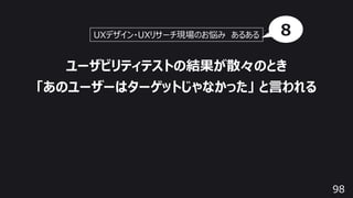 98
ユーザビリティテストの結果が散々のとき
「あのユーザーはターゲットじゃなかった」 と⾔われる
UXデザイン・UXリサーチ現場のお悩み あるある 8
 
