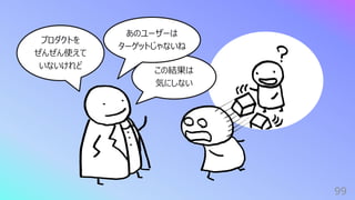 99
プロダクトを
ぜんぜん使えて
いないけれど
この結果は
気にしない
あのユーザーは
ターゲットじゃないね
 