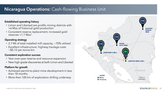 19
~100 km
Established operating history
• Limon and Libertad are prolific mining districts with
>6 Moz of historical gold production
• Consistent reserve replacement, increased gold
reserves >1.1 Moz1
Operating strategy
• 2.7 Mt of total installed mill capacity, ~70% utilized
• Excellent infrastructure: highway haulage costs
~$0.12 per tonne-km
Consistent exploration success
• Year-over-year reserve and resource expansion
• New high-grade discoveries at both Limon and Libertad
Platform for growth
• Achieved permit-to-plant mine development in less
than 18 months
• More than 100 km of exploration drilling underway
1. Refer to the Calibre news release dated May 7, 2025.
Nicaragua Operations: Cash-flowing Business Unit
 