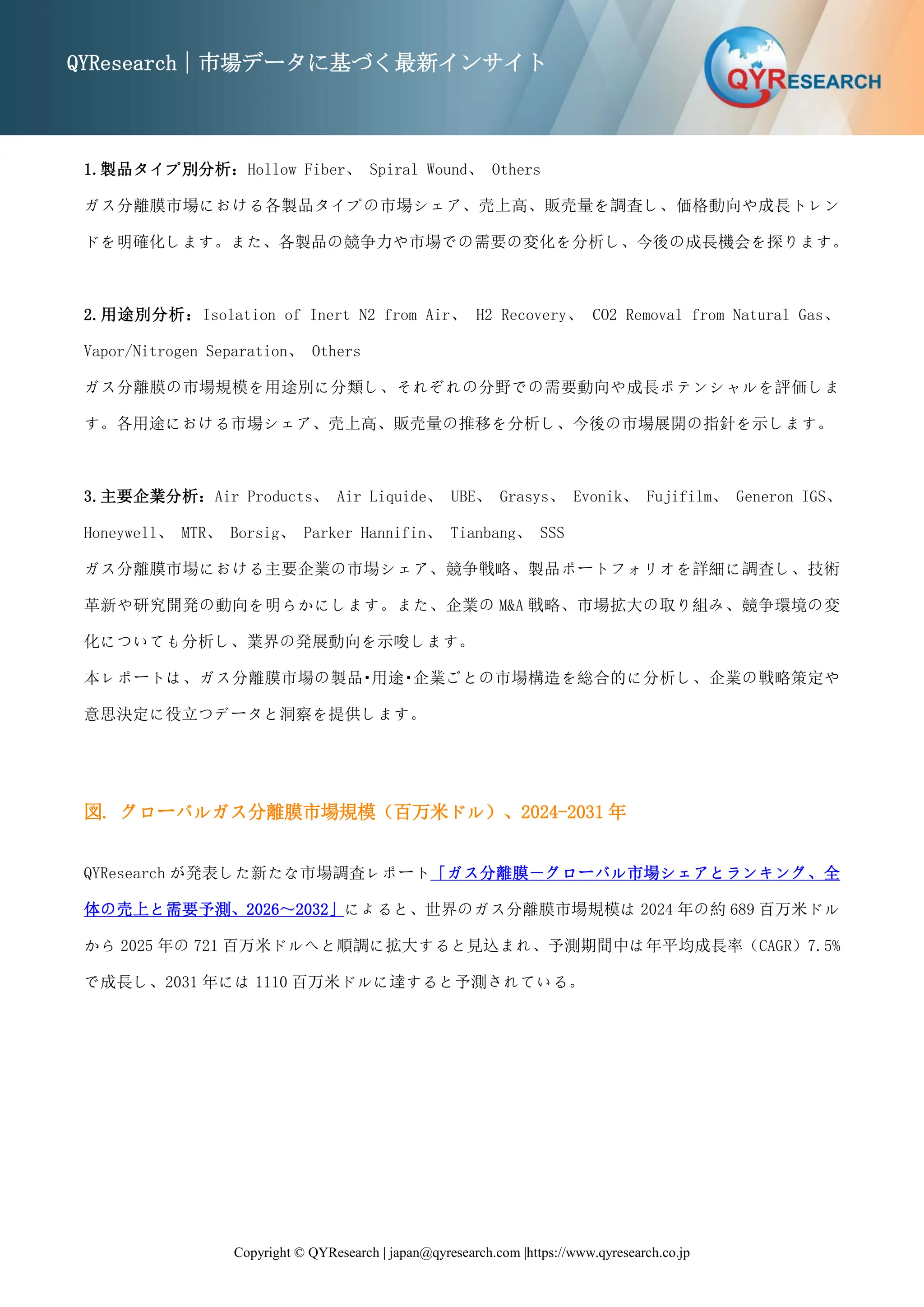 ガス分離膜ビジネス情報レポート：世界市場規模、シェア、需要予測2026-2032 | PDF
