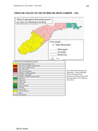 Radiografia de. Bom Jardim – Maranhão
Adilson Motta
20
TIPOS DE SOLOS NO MUNICÍPIO DE BOM JARDIM – MA
Fonte:Secretaria Municipal de
Agricultura. Plano Municipal
Desenvolvimento Rural
Sustentável de Bom Jardim-MA.
Embrapa Solos. 2015.Vigência
2013-2016.
LEGENDA DE DOMÍNIO DE SOLOS
Latos solos amarelos (LA)
Latos solos vermelho escuro húmico
Latos solo vermelho escuro
Latos solos roxo
Terra roxa estruturada
Podzólico vermelho amarelo
Podzólico acinzentado
Podzólico vermelho amarelo trófico
Plintossolo
Planossolos
Candis solos
Vertissolo
Solos de mangue
Oleissolo
Solo aluviais
Areias quartzosas
Dunas
Solos litólicos
Convenção:
• Sede Municipal
............ Drenagem
______ Estradas
______ Rodovias
Água
Mapa Exploratório Reconhecimento
de solos do Município de Bom
Jardim – MA. 2015.
 