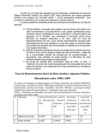 Radiografia de. Bom Jardim – Maranhão
Adilson Motta
31
A partir de um mapa dos igarapés que foi elaborado, recebendo um nome de
“Mapa Ambiental Urbano (ver página 26)”, ficou percebido que esses igarapés
formam uma espécie de “cinturão verde” – numa perspectiva ambiental - que
envolvem e adentram o município (em especial no centro urbano).
4. pesca predatória (realizada antes do crescimento dos peixes ou na fase de
desova).
5- Temos também a questão dos esgotos, para os quais não existe uma
rede de tratamento, encontrando-se a céu aberto, permeando nosso
ambiente social e despejando seus poluentes e contaminações nos
igarapés. O rio Pindaré, que atravessa o município tendo como
afluente na margem esquerda o rio caru, está em risco de
desaparecimento em seu curso devido assoreamento causado pelo
desmatamento em suas margens, e uma alta carga de contaminação
que recebe dos esgotos das comunidades e cidades que se localizam
nas regiões ribeirinhas.
6- Diante da grande importância social e do potencial econômico dos rios
Pindaré e Caru para o estado e região do vale do Pindaré – cabe não
só a comunidade através de campanhas de conscientização e
educativas, mas, também ao poder público e o Ministério do meio
ambiente desenvolve projeto de preservação.
7- Ao longo da estrada Bom Jardim/São João do Caru, é visto a
“matança” do curso de muitos igarapés pela não-colocação de bueiros
sobre os mesmos, que perpassam ao longo da estrada que interliga os
dois municípios.
Taxa de Desmatamento (km²) de Bom Jardim e algumas Cidades
Maranhenses entre 1988 e 2009
Os dados do Programa de Monitoramento da Floresta Amazônica por Satélite (PRODES),
evidencia que, no período de 2002 e 2009 alguns municípios no estado tiveram incremento de
desmatamento em áreas de biomas Amazônico entre 90 e 400 km², o que requer atenção
redobrada do sistema de monitoramento e fiscalização sobre estes territórios.
Tabela 1. Municípios do Maranhão com maior área de desmatamento no bioma Amazônico,
no período entre 2002 e 2009:
Nº Município Área Territorial
do Município
KM²
Área natural
de Floresta
Amazônica.
KM²
Incremento
absoluto de
desmatamento
entre 2002-
2009. Km²
Incremento
relativo de
desmatamento
entre 2002-
2009
%
1 Barra do Corda 8.054 5.551,4 400,5 7,2
2 Bom Jardim 6.647 5.584,9 399,6 7,2
 