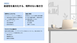 WORKSTYLE
創造性を最⼤化する、境界のない働き⽅
世界中どこからでも
フルリモート‧フルフレックス制度によ
り、居住地を問わず世界中から参画可能な
ユニークな環境を実現しています。
• 完全リモートワーク
• ⾃由な勤務時間
• 居住地の制約なし
⾃由と責任
形式的なルールよりも成果と効率を最優
先。個々の裁量を尊重し、創造性を解き
放つ環境を提供しています。
• 成果主義の評価
• ⾼い⾃律性
• 信頼ベースの⽂化
サステナブルな働き⽅
⾼度な⾃律性を基盤に、ワークライフバランスを⾃らコントロールし、個⼈の⽣活とプロ
フェッショナルとしての成⻑を両⽴します。
• 柔軟な働き⽅
• 健康重視の⽂化
• 継続的な学習機会
 