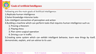 Goals of Artificial Intelligence
Artificial Intelligence – Overview Mr. R. N. Kankrale Department of Information Technology
Following are the main goals of Artificial Intelligence:
1.Replicate human intelligence
2.Solve Knowledge-intensive tasks
3.An intelligent connection of perception and action
4.Building a machine which can perform tasks that requires human intelligence such as:
1. Proving a theorem
2. Playing chess
3. Plan some surgical operation
4. Driving a car in traffic
5.Creating some system which can exhibit intelligent behavior, learn new things by itself,
demonstrate, explain, and can advise to its user.
 