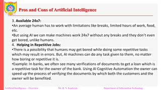 Pros and Cons of Artificial Intelligence
Artificial Intelligence – Overview Mr. R. N. Kankrale Department of Information Technology
3. Available 24x7:
•An average human has to work with limitations like breaks, limited hours of work, food,
etc.
•But using AI we can make machines work 24x7 without any breaks and they don’t even
get bored, unlike humans.
4. Helping in Repetitive Jobs:
•There is a possibility that humans may get bored while doing some repetitive tasks
which may result in errors. But, AI machines can do any task given to them, no matter
how boring or repetitive it is.
•Example: In banks, we often see many verifications of documents to get a loan which is
a repetitive task for the owner of the bank. Using AI Cognitive Automation the owner can
speed up the process of verifying the documents by which both the customers and the
owner will be benefited.
 
