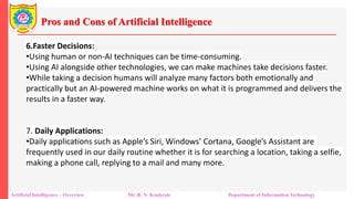 Pros and Cons of Artificial Intelligence
Artificial Intelligence – Overview Mr. R. N. Kankrale Department of Information Technology
6.Faster Decisions:
•Using human or non-AI techniques can be time-consuming.
•Using AI alongside other technologies, we can make machines take decisions faster.
•While taking a decision humans will analyze many factors both emotionally and
practically but an AI-powered machine works on what it is programmed and delivers the
results in a faster way.
7. Daily Applications:
•Daily applications such as Apple’s Siri, Windows’ Cortana, Google’s Assistant are
frequently used in our daily routine whether it is for searching a location, taking a selfie,
making a phone call, replying to a mail and many more.
 