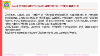 Unit-I FUNDAMENTALS OF ARTIFICIAL INTELLIGENCE
Artificial Intelligence – Overview Mr. R. N. Kankrale Department of Information Technology
Definition, Scope, and History of Artificial Intelligence, Applications of Artificial
Intelligence, Characteristics of Intelligent Systems, Intelligent Agents and Rational
Agents, PEAS Representation, Types of Environments, Agent Architectures, Simple
Reflex Agents, Model-Based Agents, Goal-Based Agents
Utility-Based Agents, Learning Agents, Problem Formulation and State-Space
Representation
Illustrative examples: Vacuum Cleaner World and Wumpus World.
 