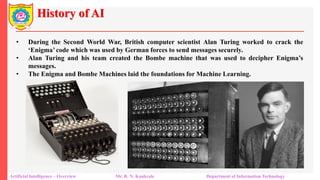 History of AI
Artificial Intelligence – Overview Mr. R. N. Kankrale Department of Information Technology
• During the Second World War, British computer scientist Alan Turing worked to crack the
‘Enigma’ code which was used by German forces to send messages securely.
• Alan Turing and his team created the Bombe machine that was used to decipher Enigma’s
messages.
• The Enigma and Bombe Machines laid the foundations for Machine Learning.
 