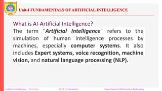 Unit-I FUNDAMENTALS OF ARTIFICIAL INTELLIGENCE
Artificial Intelligence – Overview Mr. R. N. Kankrale Department of Information Technology
What is AI-Artificial Intelligence?
The term "Artificial Intelligence" refers to the
simulation of human intelligence processes by
machines, especially computer systems. It also
includes Expert systems, voice recognition, machine
vision, and natural language processing (NLP).
 