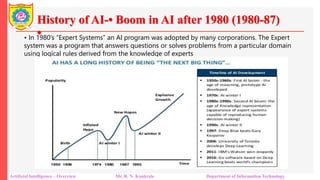 History of AI-• Boom in AI after 1980 (1980-87)
•
Artificial Intelligence – Overview Mr. R. N. Kankrale Department of Information Technology
• In 1980’s “Expert Systems” an AI program was adopted by many corporations. The Expert
system was a program that answers questions or solves problems from a particular domain
using logical rules derived from the knowledge of experts
 