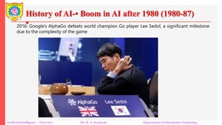 History of AI-• Boom in AI after 1980 (1980-87)
•
Artificial Intelligence – Overview Mr. R. N. Kankrale Department of Information Technology
2016: Google's AlphaGo defeats world champion Go player Lee Sedol, a significant milestone
due to the complexity of the game
 