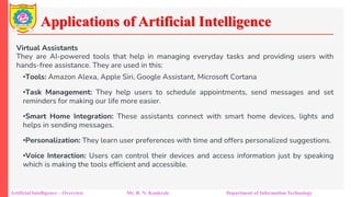 Applications of Artificial Intelligence
Artificial Intelligence – Overview Mr. R. N. Kankrale Department of Information Technology
Virtual Assistants
They are AI-powered tools that help in managing everyday tasks and providing users with
hands-free assistance. They are used in this:
•Tools: Amazon Alexa, Apple Siri, Google Assistant, Microsoft Cortana
•Task Management: They help users to schedule appointments, send messages and set
reminders for making our life more easier.
•Smart Home Integration: These assistants connect with smart home devices, lights and
helps in sending messages.
•Personalization: They learn user preferences with time and offers personalized suggestions.
•Voice Interaction: Users can control their devices and access information just by speaking
which is making the tools efficient and accessible.
 