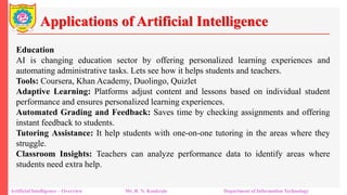 Applications of Artificial Intelligence
Artificial Intelligence – Overview Mr. R. N. Kankrale Department of Information Technology
Education
AI is changing education sector by offering personalized learning experiences and
automating administrative tasks. Lets see how it helps students and teachers.
Tools: Coursera, Khan Academy, Duolingo, Quizlet
Adaptive Learning: Platforms adjust content and lessons based on individual student
performance and ensures personalized learning experiences.
Automated Grading and Feedback: Saves time by checking assignments and offering
instant feedback to students.
Tutoring Assistance: It help students with one-on-one tutoring in the areas where they
struggle.
Classroom Insights: Teachers can analyze performance data to identify areas where
students need extra help.
 