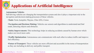 Applications of Artificial Intelligence
Artificial Intelligence – Overview Mr. R. N. Kankrale Department of Information Technology
Autonomous Vehicles
Self-driving vehicles are changing the transportation system and also it plays a important role in the
navigation and decision-making processes of these vehicles.
•Tools: Tesla Autopilot, Waymo, Uber ATG, Cruise
•Navigation and Decision-Making: Vehicles use sensors and algorithms to understand and find
roads, detecting objects and obstacles.
•Safety Improvements: This technology helps in reducing accidents caused by human error which
makes our travel more safer.
•Traffic Optimization: Autonomous cars communicate with each other to reduce traffic and improve
fuel efficiency.
•Future of Transport: These vehicles are more efficient and accessible in the terms of transportation
as they are including in delivery and public transport.
 