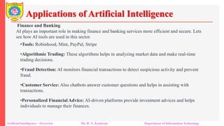 Applications of Artificial Intelligence
Artificial Intelligence – Overview Mr. R. N. Kankrale Department of Information Technology
Finance and Banking
AI plays an important role in making finance and banking services more efficient and secure. Lets
see how AI tools are used in this sector.
•Tools: Robinhood, Mint, PayPal, Stripe
•Algorithmic Trading: These algorithms helps in analyzing market data and make real-time
trading decisions.
•Fraud Detection: AI monitors financial transactions to detect suspicious activity and prevent
fraud.
•Customer Service: Also chatbots answer customer questions and helps in assisting with
transactions.
•Personalized Financial Advice: AI-driven platforms provide investment advices and helps
individuals to manage their finances.
 