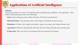 Applications of Artificial Intelligence
Artificial Intelligence – Overview Mr. R. N. Kankrale Department of Information Technology
Robotics
AI-powered robots are used in the industries like manufacturing, healthcare and agriculture. They
helps in performing tasks easily and efficiently.
•Tools: Boston Dynamics Spot, iRobot Roomba, DJI Tello, Kuka Robotics
•Manufacturing: It can automate tasks which improves productivity and accuracy.
•Healthcare: It helps with complex procedures, improves accuracy and reduces human error.
•Agriculture: Robots in farming help with tasks like harvesting, planting and watering crops.
•Exploration: They are used in environments that are hazardous for humans.
 