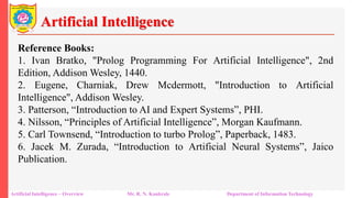 Artificial Intelligence
Artificial Intelligence – Overview Mr. R. N. Kankrale Department of Information Technology
Reference Books:
1. Ivan Bratko, "Prolog Programming For Artificial Intelligence", 2nd
Edition, Addison Wesley, 1440.
2. Eugene, Charniak, Drew Mcdermott, "Introduction to Artificial
Intelligence", Addison Wesley.
3. Patterson, “Introduction to AI and Expert Systems”, PHI.
4. Nilsson, “Principles of Artificial Intelligence”, Morgan Kaufmann.
5. Carl Townsend, “Introduction to turbo Prolog”, Paperback, 1483.
6. Jacek M. Zurada, “Introduction to Artificial Neural Systems”, Jaico
Publication.
 